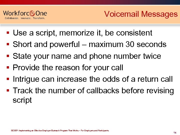 Voicemail Messages § § § Use a script, memorize it, be consistent Short and