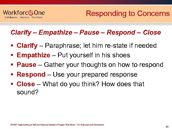 Responding to Concerns Clarify – Empathize – Pause – Respond – Close § §
