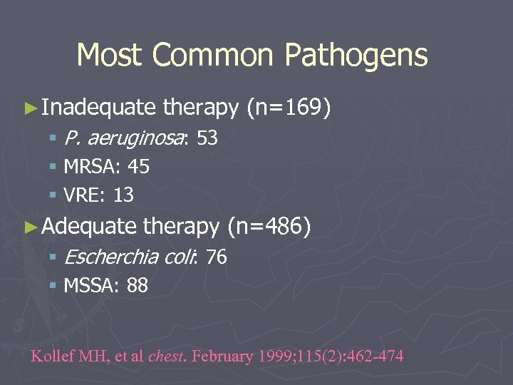 Most Common Pathogens ► Inadequate therapy (n=169) § P. aeruginosa: 53 § MRSA: 45