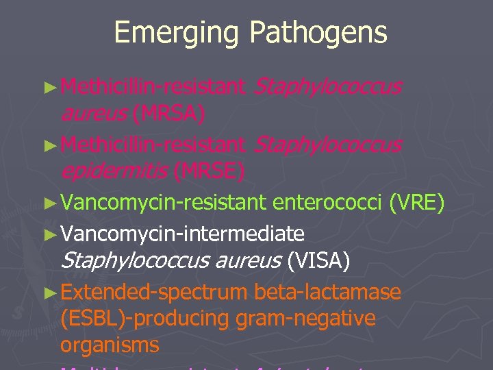 Emerging Pathogens ► Methicillin-resistant Staphylococcus aureus (MRSA) epidermitis (MRSE) ► Vancomycin-resistant enterococci (VRE) ►