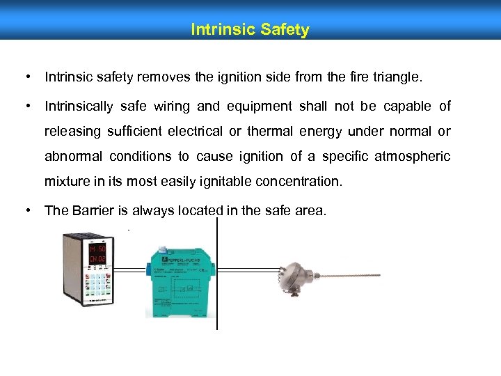 Intrinsic Safety • Intrinsic safety removes the ignition side from the fire triangle. •