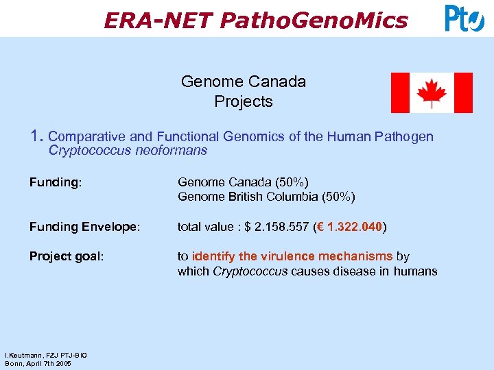 ERA-NET Patho. Geno. Mics Genome Canada Projects 1. Comparative and Functional Genomics of the