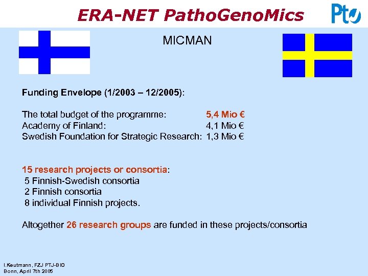 ERA-NET Patho. Geno. Mics MICMAN Funding Envelope (1/2003 – 12/2005): The total budget of