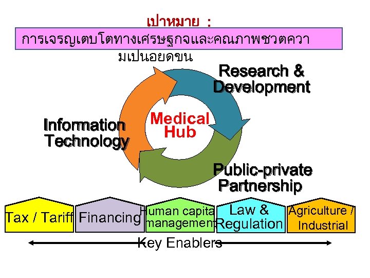 เปาหมาย : การเจรญเตบโตทางเศรษฐกจและคณภาพชวตควา มเปนอยดขน Research & Development Information Technology Medical Hub Public-private Partnership Agriculture
