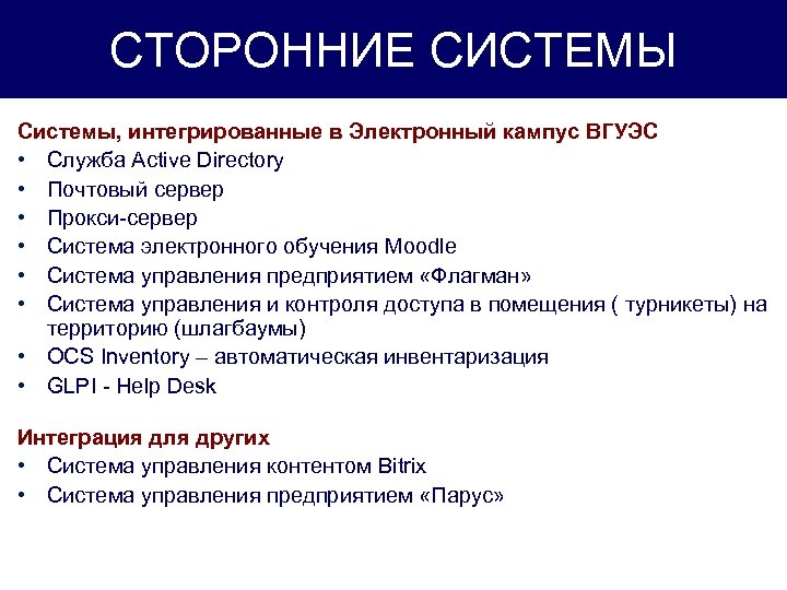 СТОРОННИЕ СИСТЕМЫ Системы, интегрированные в Электронный кампус ВГУЭС • Служба Active Directory • Почтовый