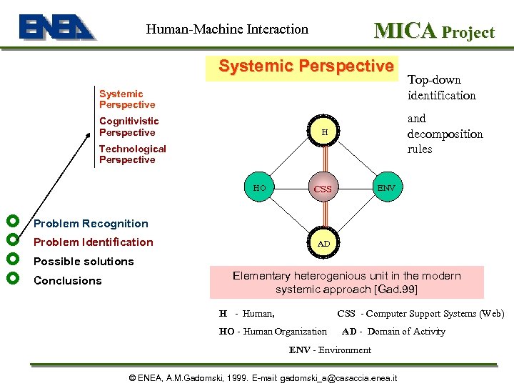 MICA Project Human-Machine Interaction Systemic Perspective Cognitivistic Perspective and decomposition rules H Technological Perspective