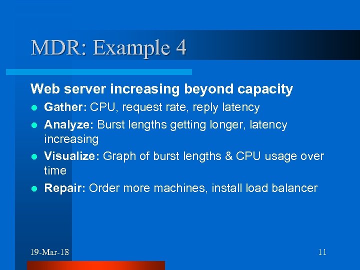 MDR: Example 4 Web server increasing beyond capacity Gather: CPU, request rate, reply latency