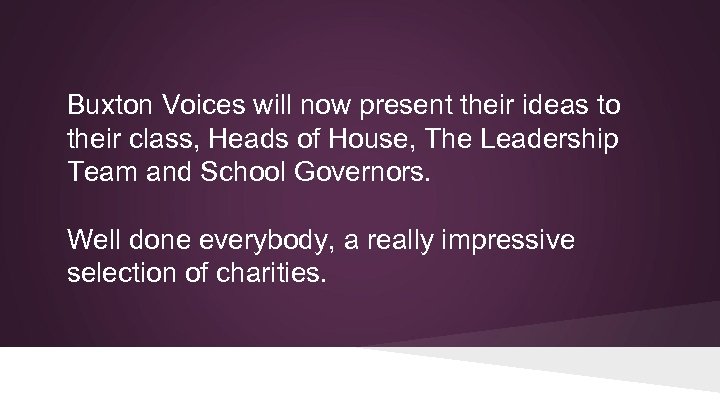 Buxton Voices will now present their ideas to their class, Heads of House, The