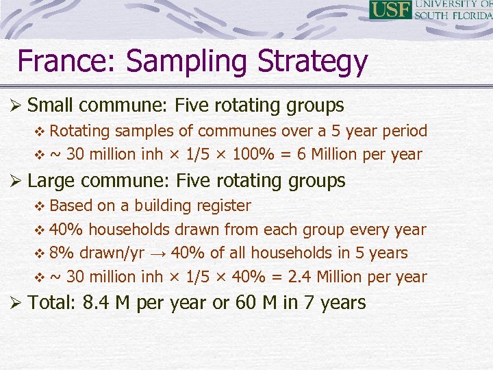 France: Sampling Strategy Ø Small commune: Five rotating groups v Rotating samples of communes
