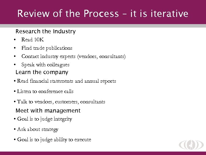 Review of the Process – it is iterative Research the Industry • Read 10