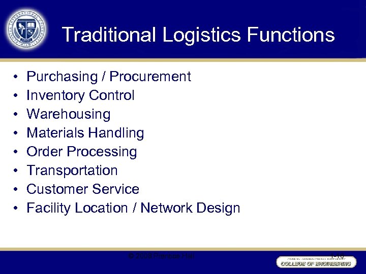 Traditional Logistics Functions • • Purchasing / Procurement Inventory Control Warehousing Materials Handling Order