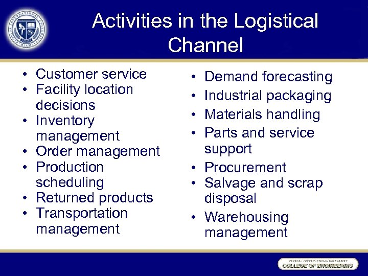 Activities in the Logistical Channel • Customer service • Facility location decisions • Inventory