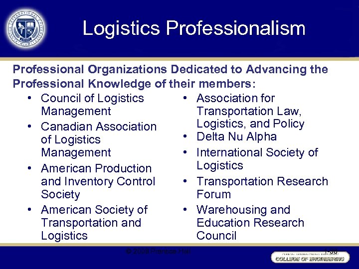 Logistics Professionalism Professional Organizations Dedicated to Advancing the Professional Knowledge of their members: •