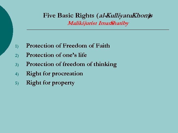 Five Basic Rights (al-Kulliyatul Khoms ) Maliki jurist Imam Shatiby 1) 2) 3) 4)