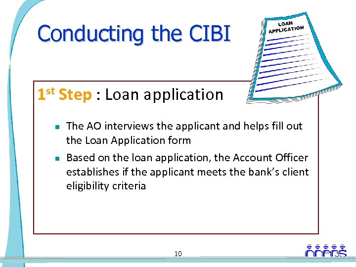 Conducting the CIBI 1 st Step : Loan application n n The AO interviews