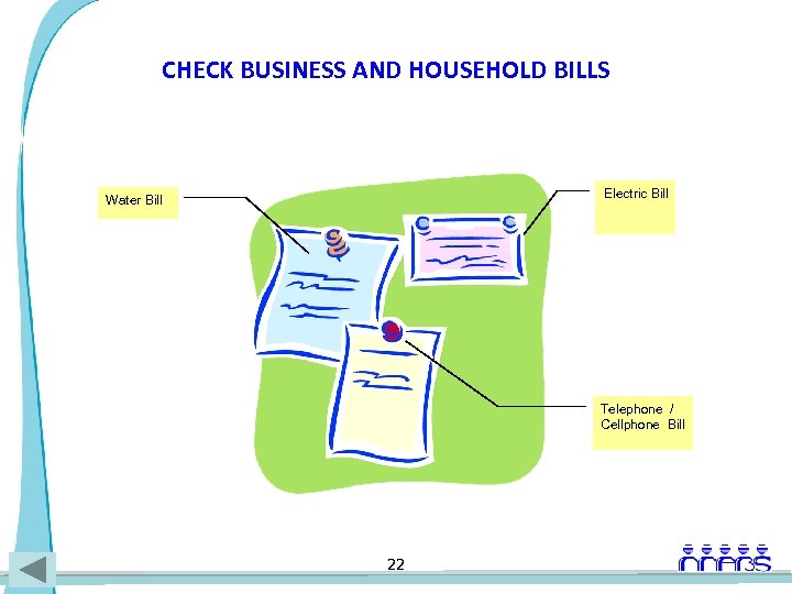 CHECK BUSINESS AND HOUSEHOLD BILLS Electric Bill Water Bill Telephone / Cellphone Bill 22