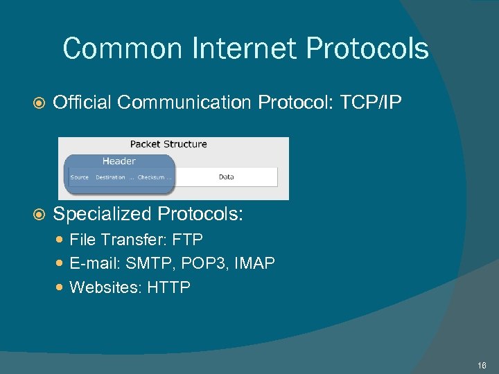 Common Internet Protocols Official Communication Protocol: TCP/IP Specialized Protocols: File Transfer: FTP E-mail: SMTP,