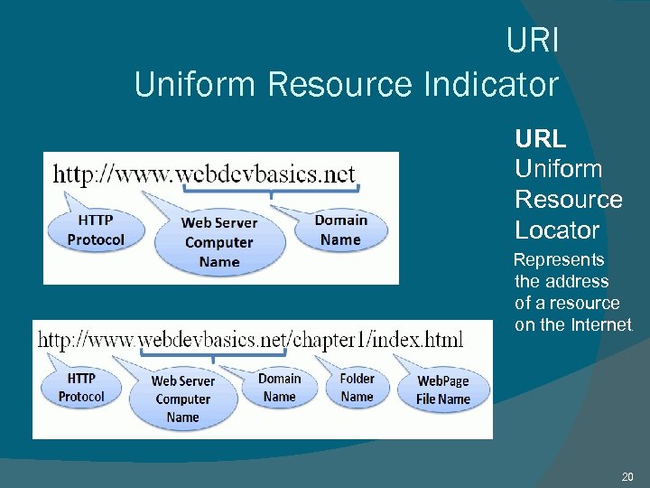 URI Uniform Resource Indicator URL Uniform Resource Locator Represents the address of a resource