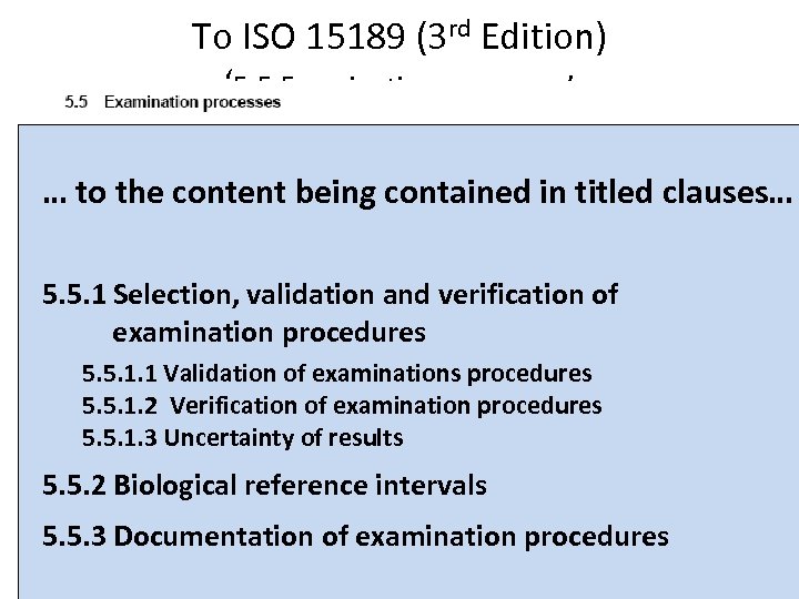 To ISO 15189 (3 rd Edition) ‘ 5. 5 Examination processes’ … to the