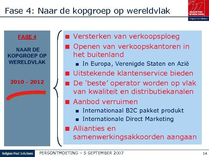 Fase 4: Naar de kopgroep op wereldvlak FASE 4 NAAR DE KOPGROEP OP WERELDVLAK