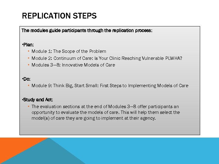 REPLICATION STEPS The modules guide participants through the replication process: • Plan: • Module