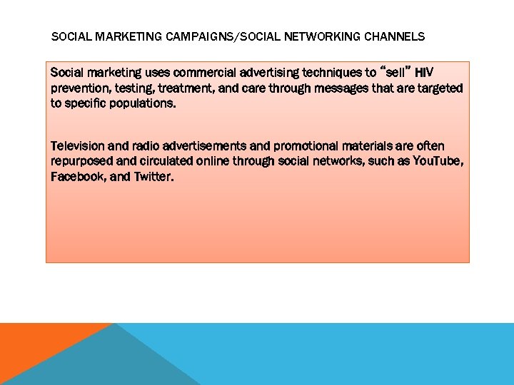 SOCIAL MARKETING CAMPAIGNS/SOCIAL NETWORKING CHANNELS Social marketing uses commercial advertising techniques to “sell” HIV