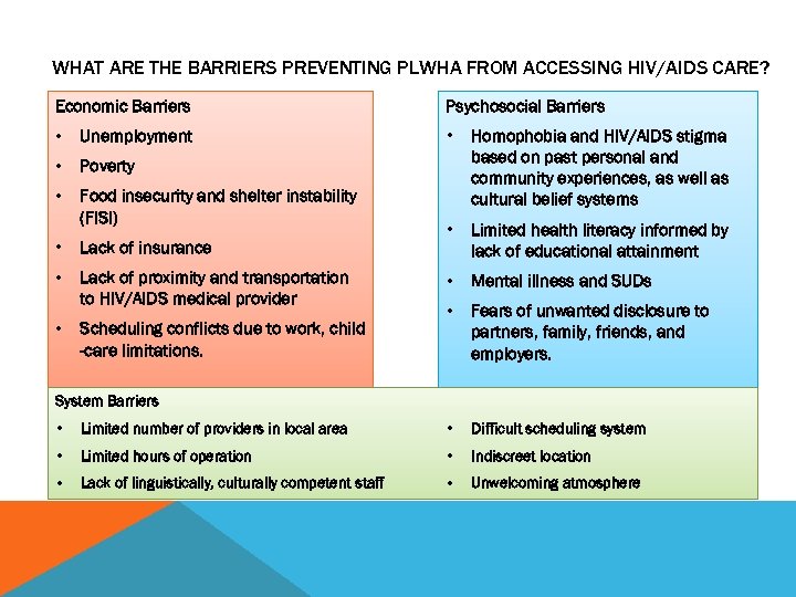 WHAT ARE THE BARRIERS PREVENTING PLWHA FROM ACCESSING HIV/AIDS CARE? Economic Barriers Psychosocial Barriers