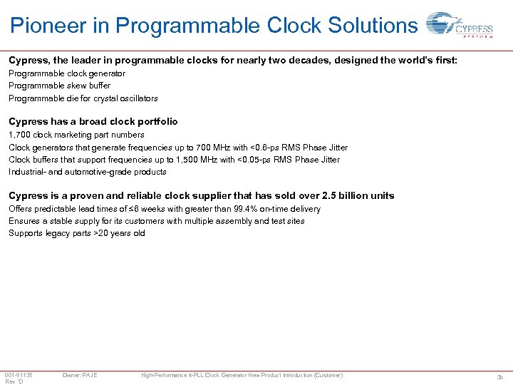 Pioneer in Programmable Clock Solutions Cypress, the leader in programmable clocks for nearly two