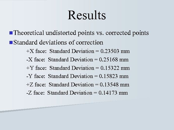 Results n Theoretical undistorted points vs. corrected points n Standard deviations of correction +X