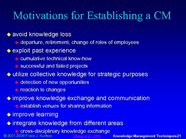 Motivations for Establishing a CM u avoid u knowledge loss departure, retirement, change of