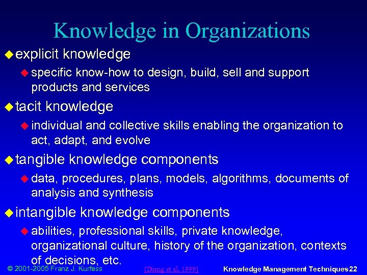 Knowledge in Organizations u explicit knowledge u specific know-how to design, build, sell and