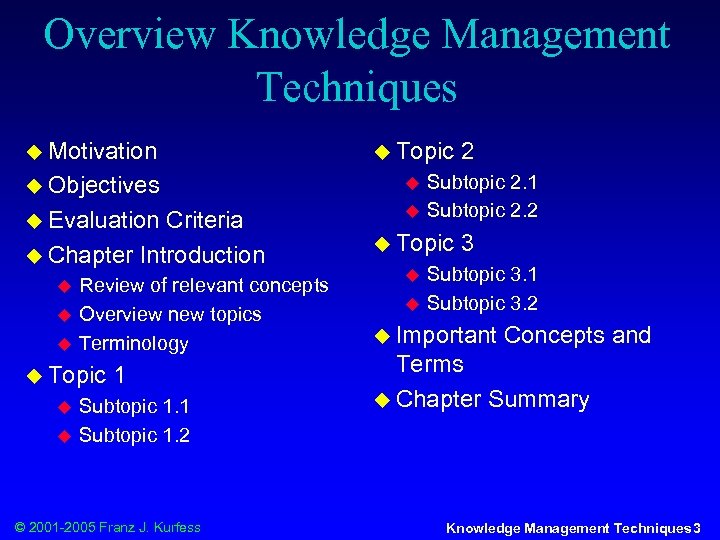 Overview Knowledge Management Techniques u Motivation u Topic u Objectives u u Evaluation u