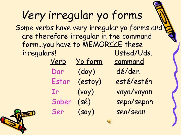 Very irregular yo forms Some verbs have very irregular yo forms and are therefore