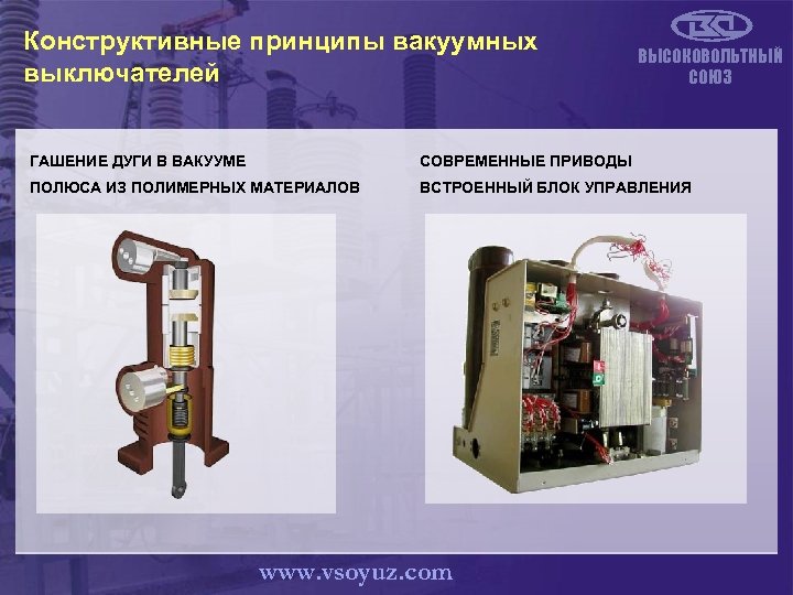 Конструктивные принципы вакуумных выключателей ВЫСОКОВОЛЬТНЫЙ СОЮЗ ГАШЕНИЕ ДУГИ В ВАКУУМЕ СОВРЕМЕННЫЕ ПРИВОДЫ ПОЛЮСА ИЗ