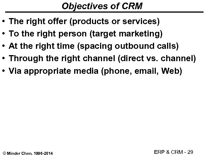 Objectives of CRM • • • The right offer (products or services) To the