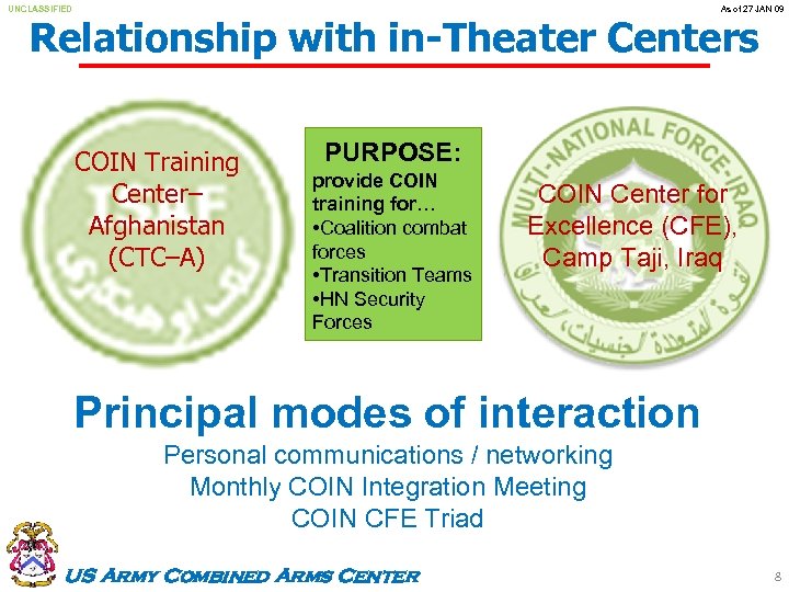 UNCLASSIFIED As of 27 JAN 09 Relationship with in-Theater Centers COIN Training Center– Afghanistan
