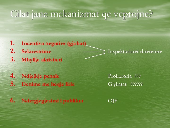 Cilat jane mekanizmat qe veprojne? 1. Incentiva negative (gjobat) 2. Sekuestrime 3. Mbyllje aktiviteti