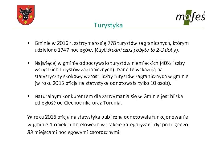 Turystyka • Gminie w 2016 r. zatrzymało się 778 turystów zagranicznych, którym udzielono 1747