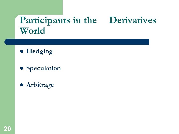 Participants in the World l l Speculation l 20 Hedging Arbitrage Derivatives 