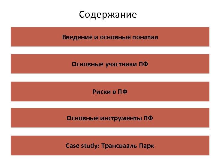 Содержание Введение и основные понятия Основные участники ПФ Риски в ПФ Основные инструменты ПФ