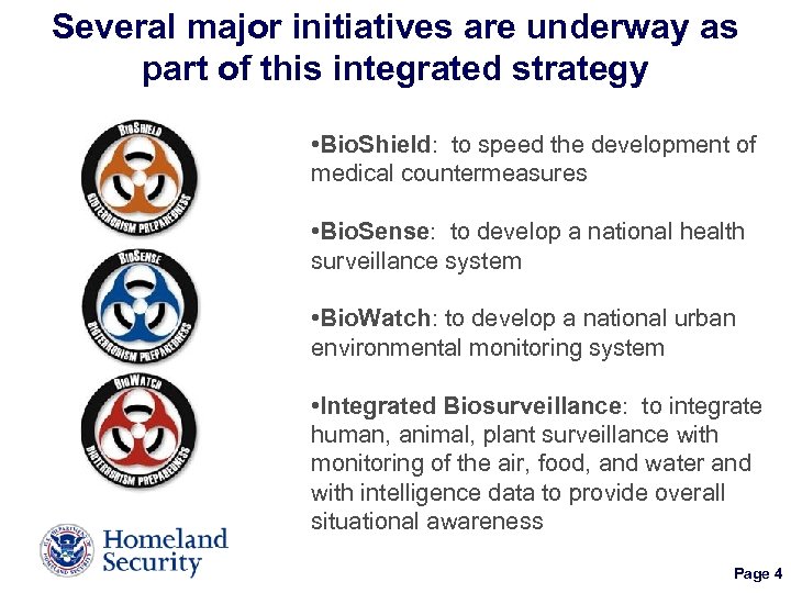Several major initiatives are underway as part of this integrated strategy • Bio. Shield: