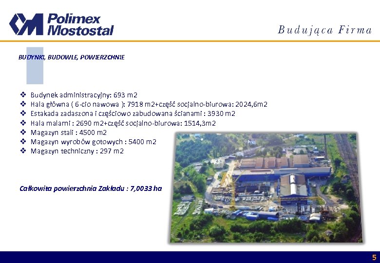 BUDYNKI, BUDOWLE, POWIERZCHNIE v v v v Budynek administracyjny: 693 m 2 Hala główna