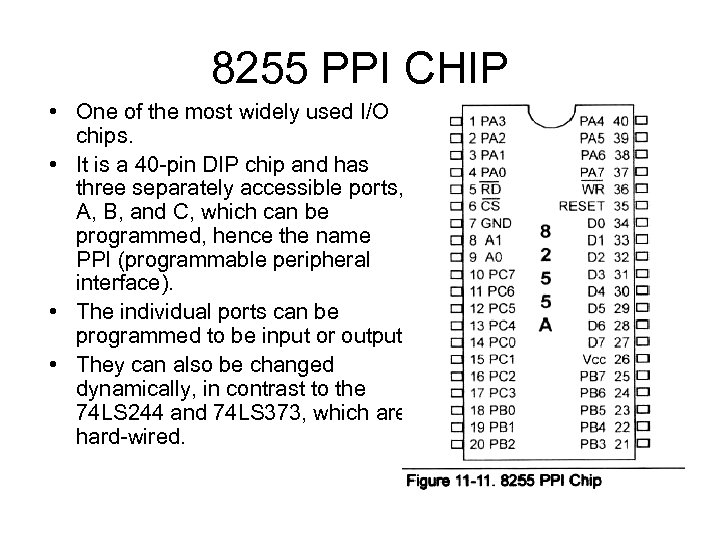 8255 PPI CHIP • One of the most widely used I/O chips. • It