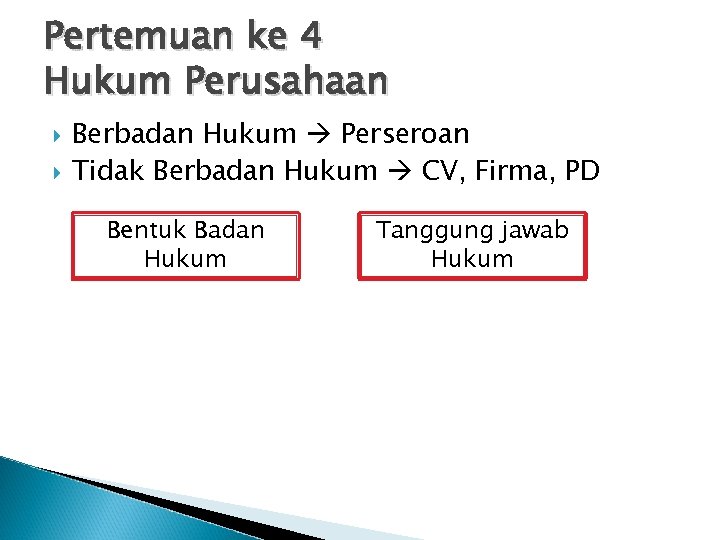 Pertemuan ke 4 Hukum Perusahaan Berbadan Hukum Perseroan Tidak Berbadan Hukum CV, Firma, PD