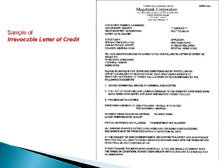 Sample of Irrevocable Letter of Credit 