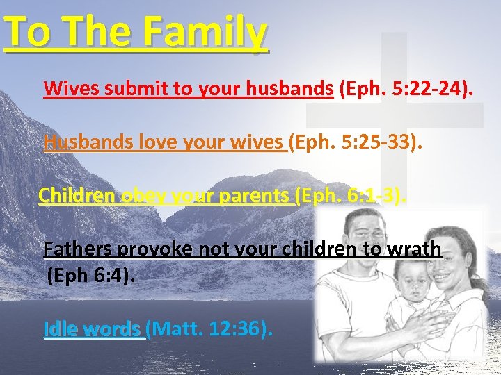 To The Family Wives submit to your husbands (Eph. 5: 22 -24). submit to