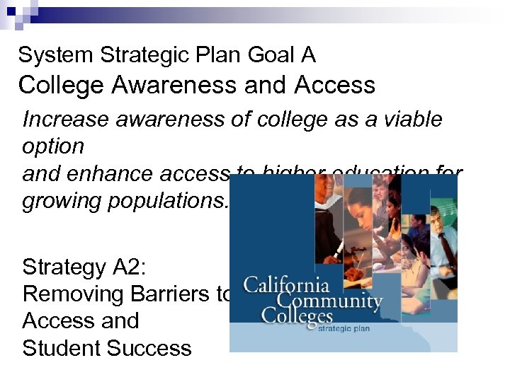 System Strategic Plan Goal A College Awareness and Access Increase awareness of college as