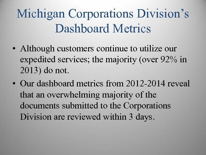 Michigan Corporations Division’s Dashboard Metrics • Although customers continue to utilize our expedited services;