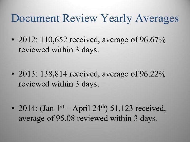 Document Review Yearly Averages • 2012: 110, 652 received, average of 96. 67% reviewed