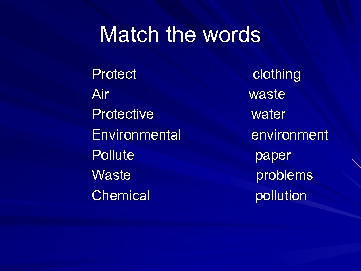 Match the words Protect clothing Air waste Protective water Environmental environment Pollute paper Waste